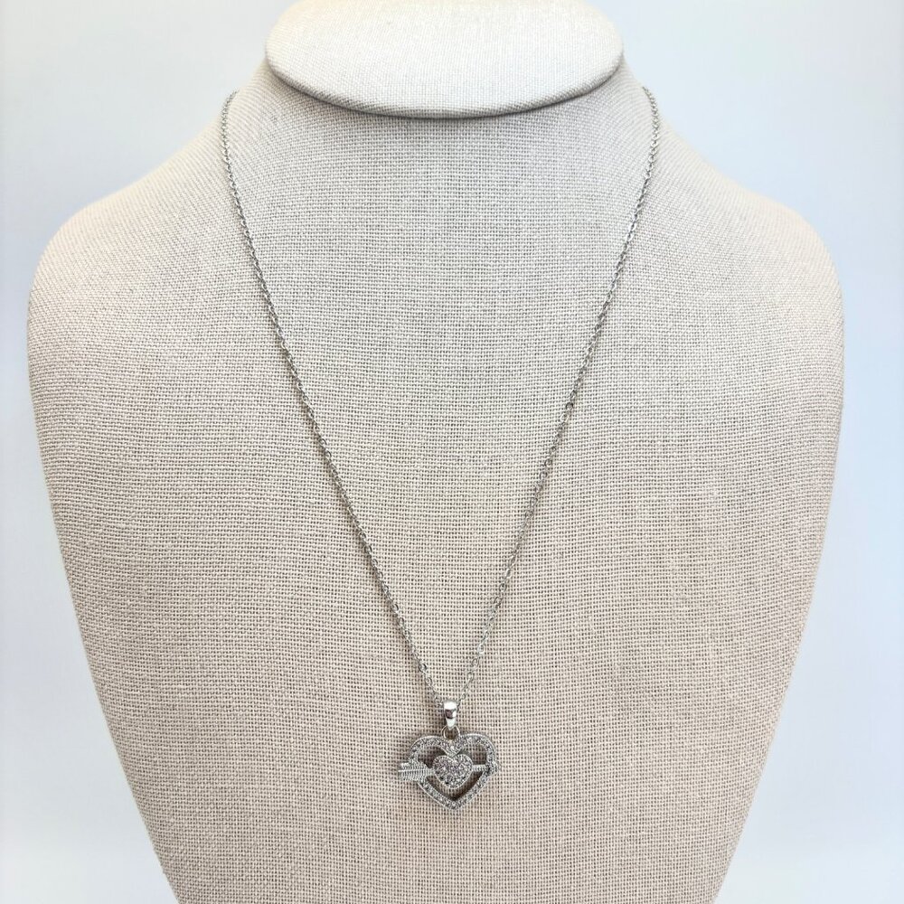 Heart & Arrow Pendant Cubic Zirconia Accent Stones Silver Plated 20" Adjustable